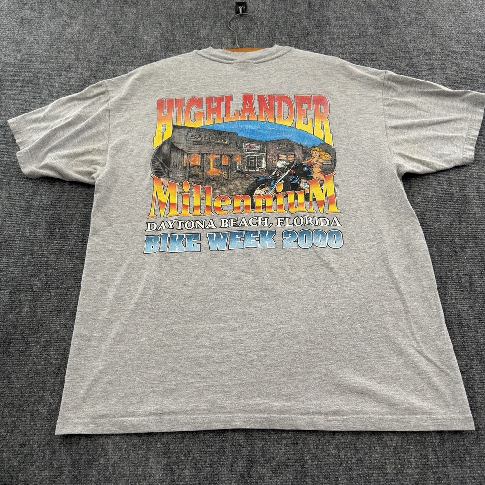 Vintage Daytona Beach Bike Week 2000 Highlander T-Shirt XL Gray Pocket Tee